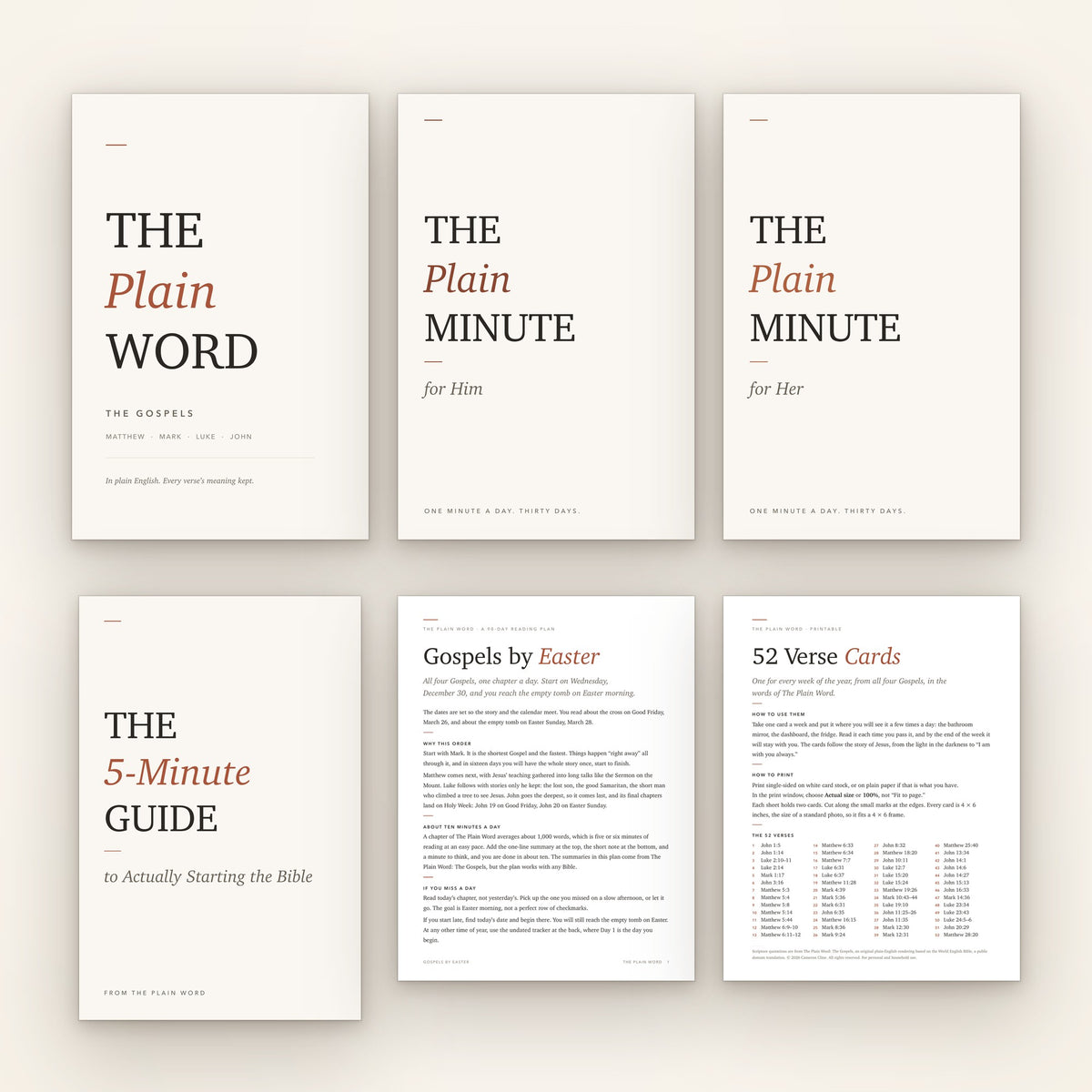 The Digital Library: the Gospels ebook, The Plain Minute for Him and for Her, the 5-Minute Guide, the Gospels by Easter plan and 52 verse cards