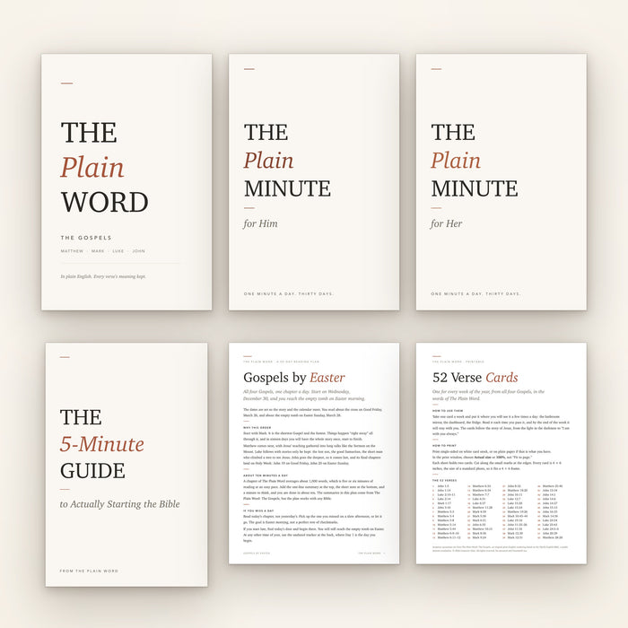 The Digital Library: the Gospels ebook, The Plain Minute for Him and for Her, the 5-Minute Guide, the Gospels by Easter plan and 52 verse cards