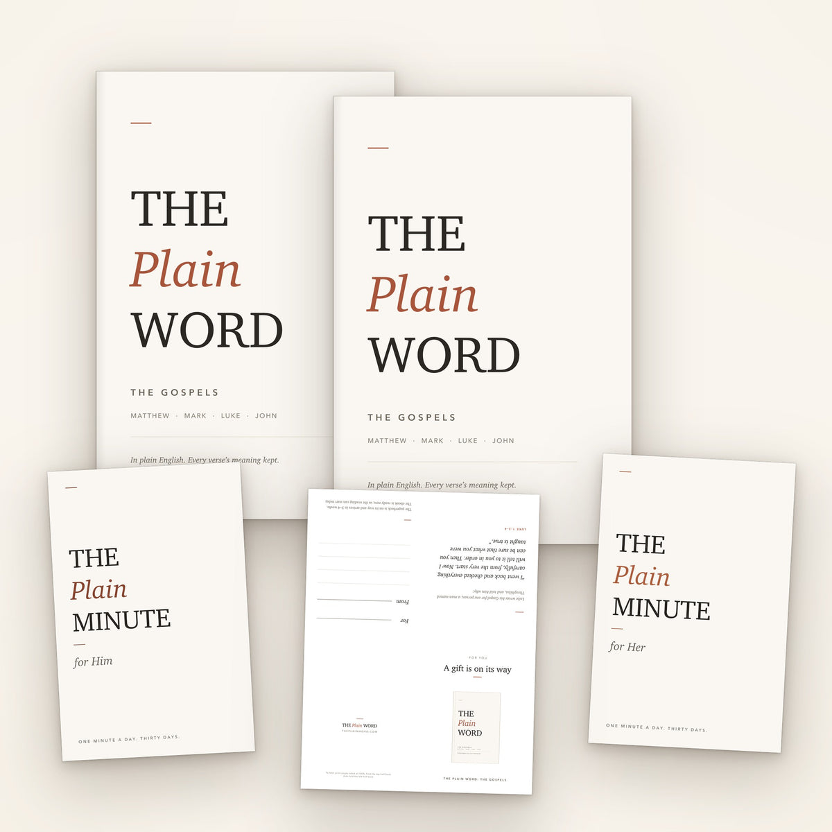 The Gift Set: two copies of The Gospels, The Plain Minute for Him and for Her, and the printable gift card
