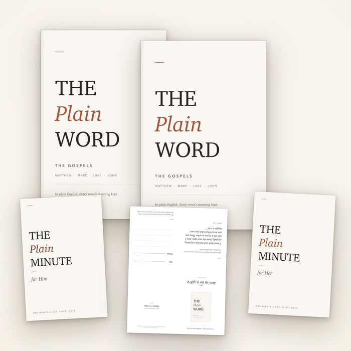 The Gift Set: two copies of The Gospels, The Plain Minute for Him and for Her, and the printable gift card