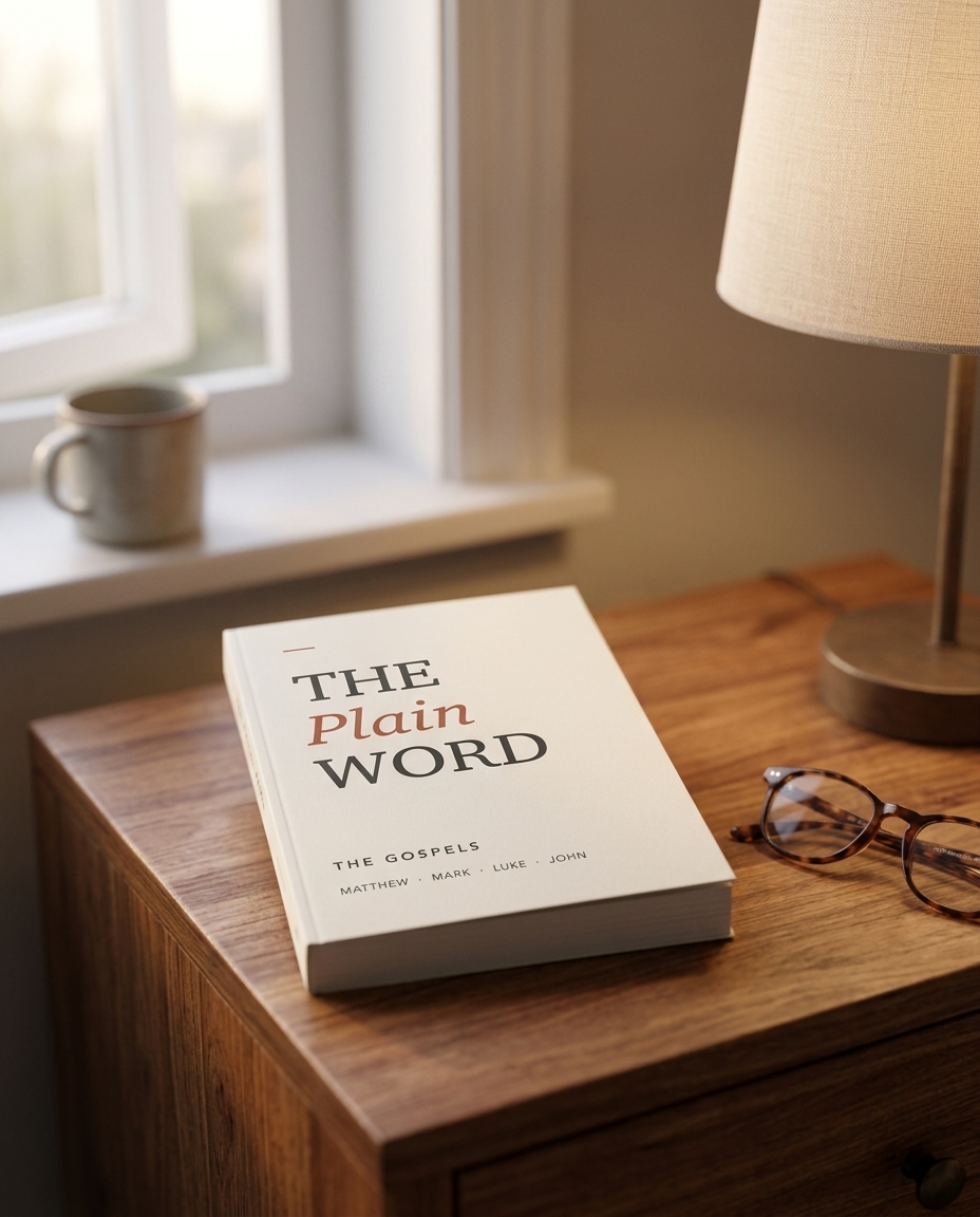 The Plain Word: The Gospels paperback resting on a nightstand in morning light