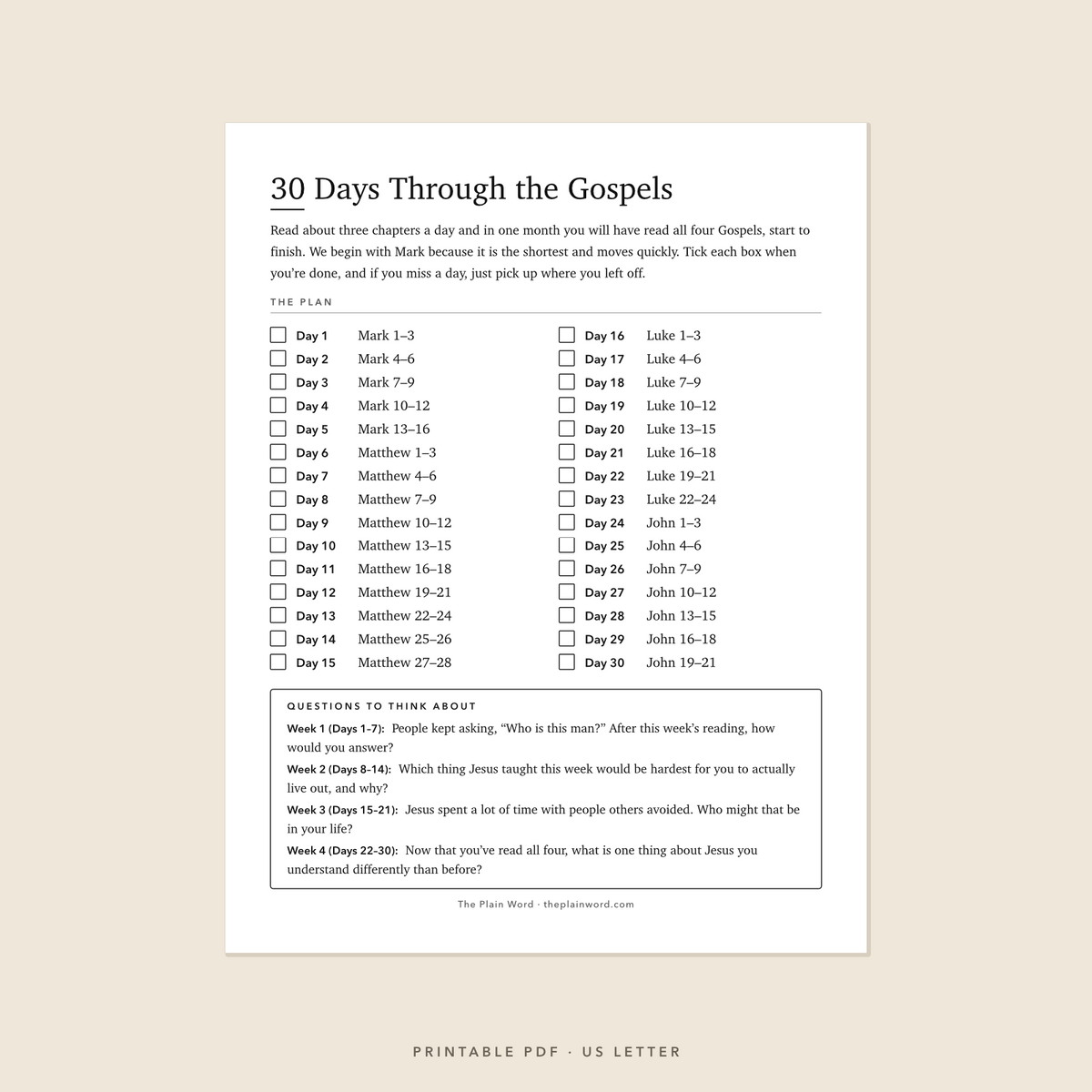 30 Days Through the Gospels, a one-page printable reading plan