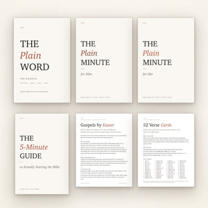 The Digital Library: the Gospels ebook, The Plain Minute for Him and for Her, the 5-Minute Guide, the Gospels by Easter plan and 52 verse cards