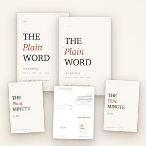 The Gift Set: two copies of The Gospels, The Plain Minute for Him and for Her, and the printable gift card