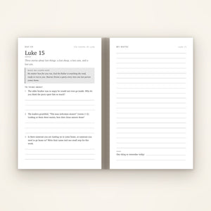 Inside the journal: Day 59, Luke 15, with three questions and a lined notes page